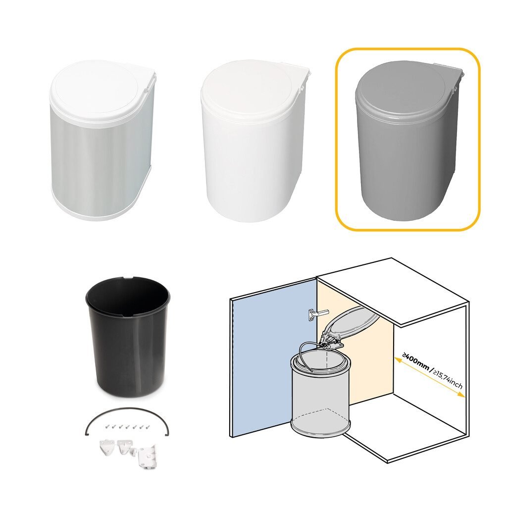 Balde do lixo 13L Branco, para fixar à porta — Cinza