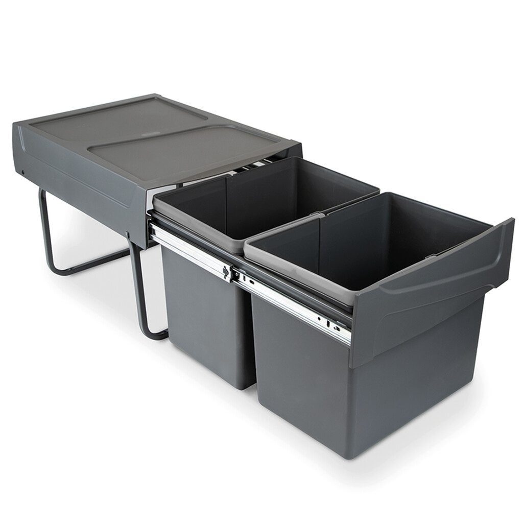 Balde Lixo Recycle 2x15L Antracite — Balde do lixo reciclável Recycle para montagem no fundo e extraível manualmente na unidade de cozinha Recycle 2x15litros, Cinza antracite Plástico