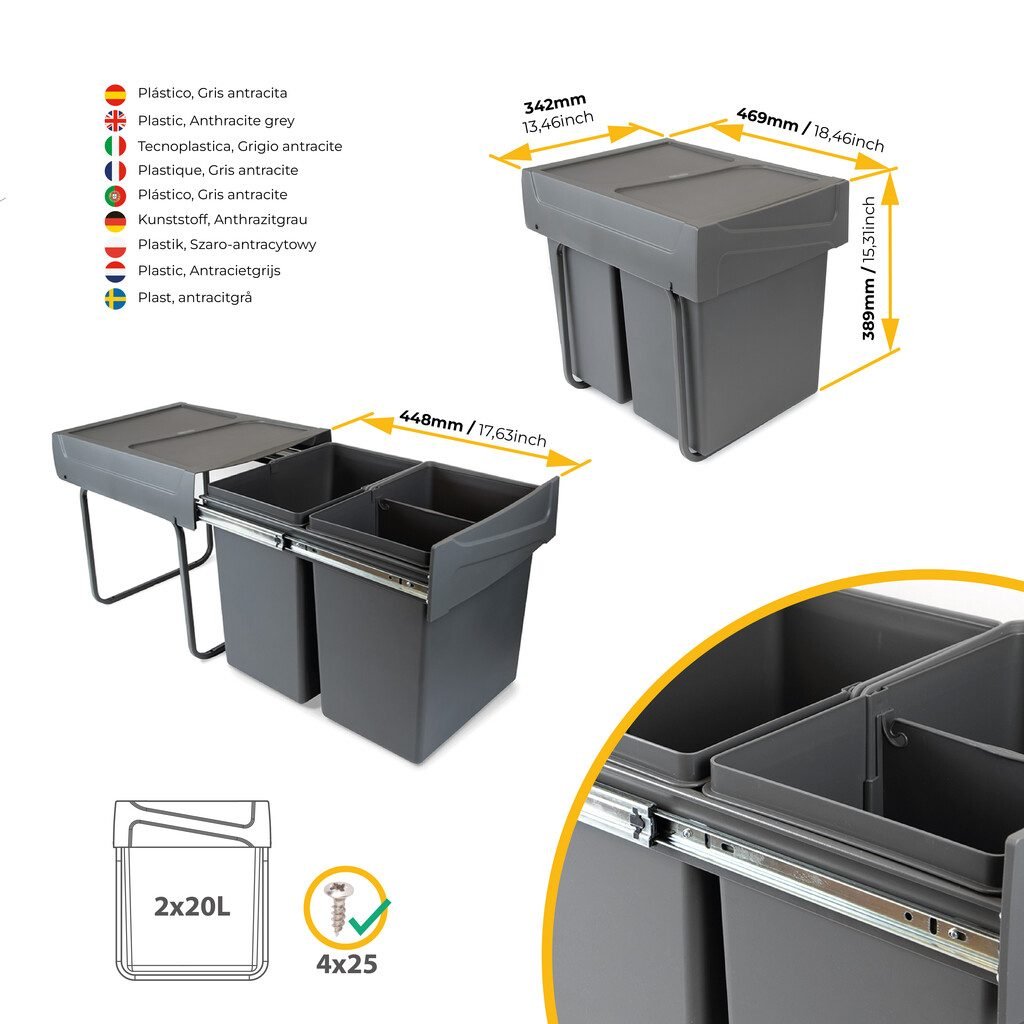 Balde Lixo Recycle 2x20L Antracite — vista 4
